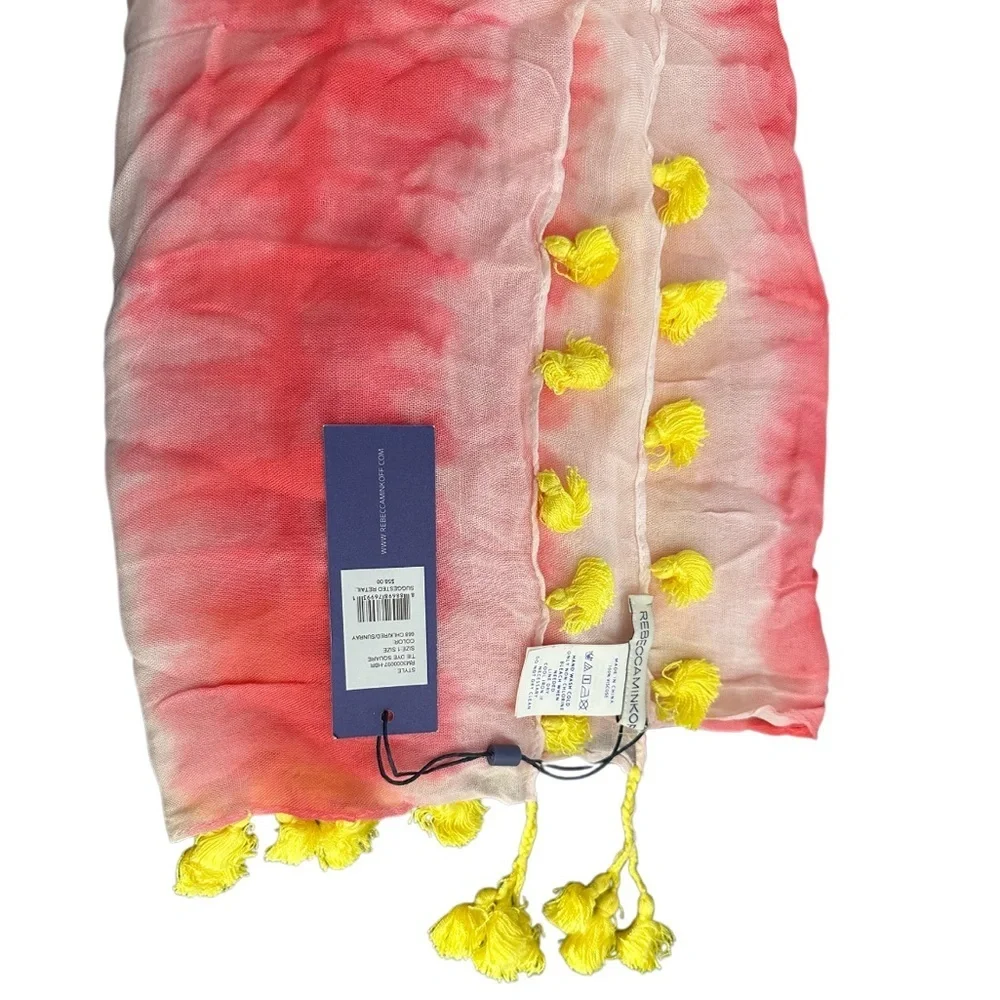 Rebecca Minkoff | Pink Yellow Tie-Dye Tassel Scarf | Lightweight Boho | One Size